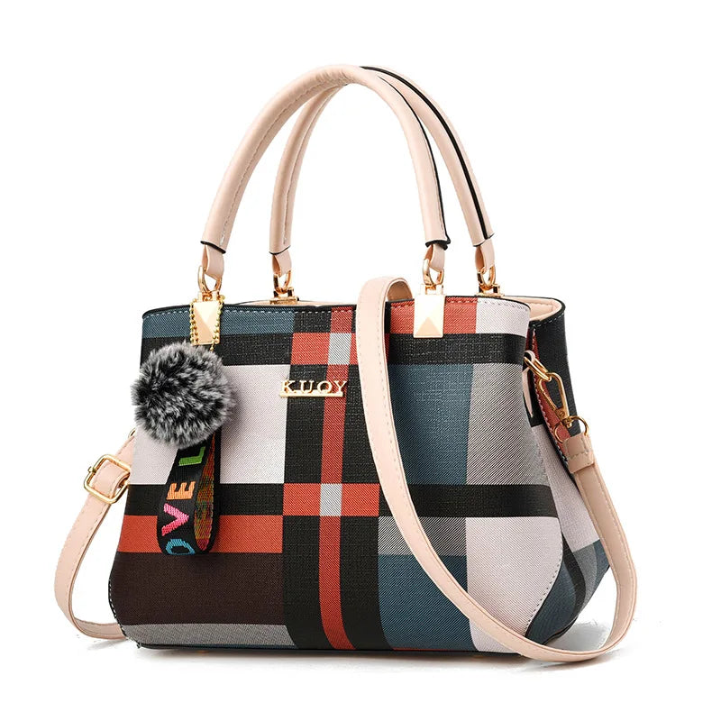 Plaid Tote Bag with Fur Charm, Women's Everyday Leather Tote - Tessbury - photo