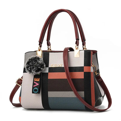 Plaid Tote Bag with Fur Charm, Women's Everyday Leather Tote - Tessbury - photo