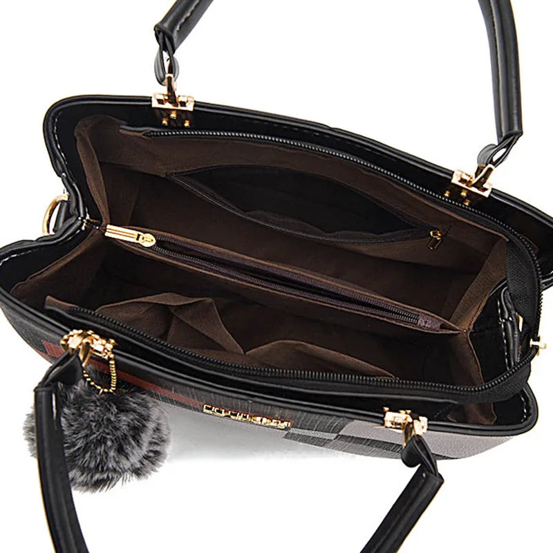 Plaid Tote Bag with Fur Charm, Women's Everyday Leather Tote - Tessbury - photo
