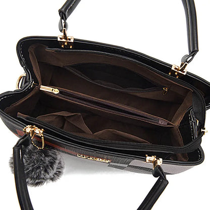 Plaid Tote Bag with Fur Charm, Women's Everyday Leather Tote - Tessbury - photo