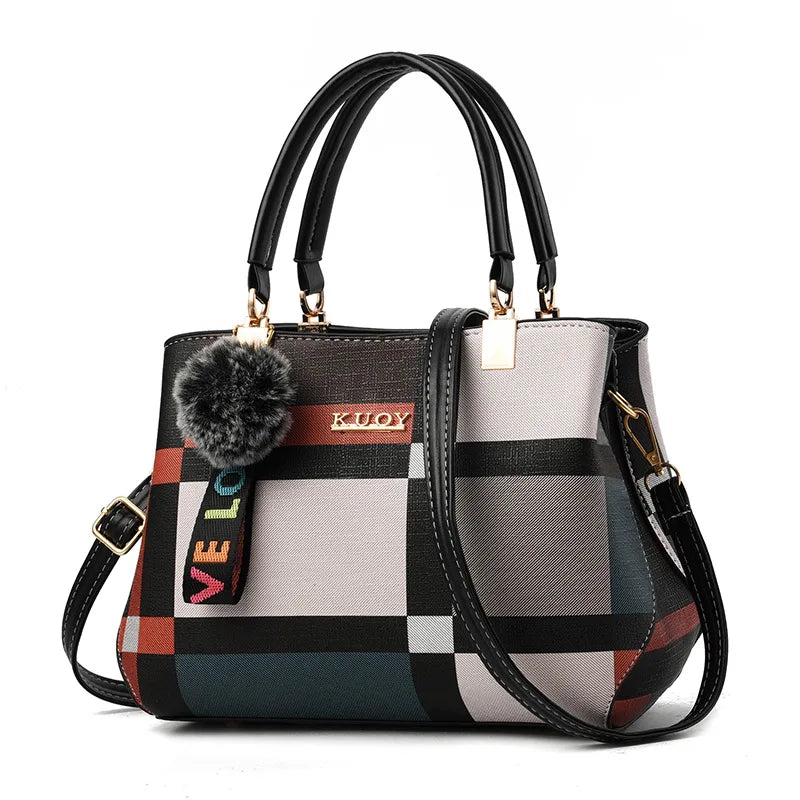 Plaid Tote Bag with Fur Charm, Women's Everyday Leather Tote - Tessbury - photo