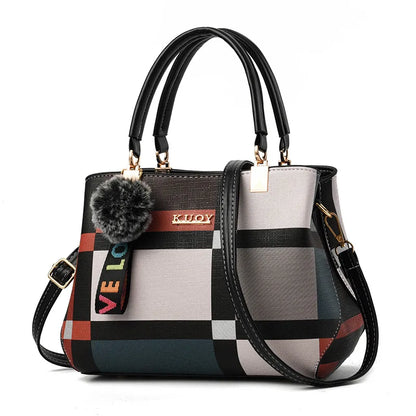 Plaid Tote Bag with Fur Charm, Women's Everyday Leather Tote - Tessbury - photo