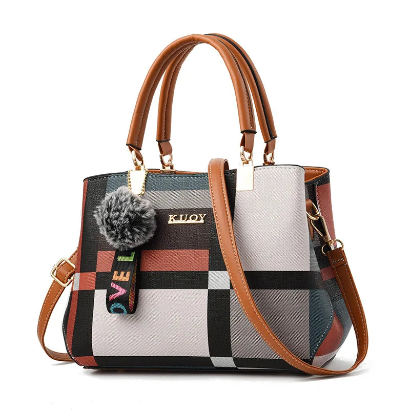Plaid Tote Bag with Fur Charm, Women's Everyday Leather Tote - Tessbury - photo