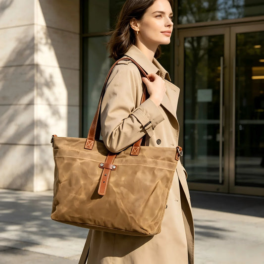The Heritage Tote Bag - Vintage Waxed Canvas with Leather Handle - Tessbury - situation