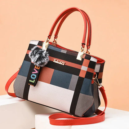 Plaid Tote Bag with Fur Charm, Women's Everyday Leather Tote - Tessbury - photo