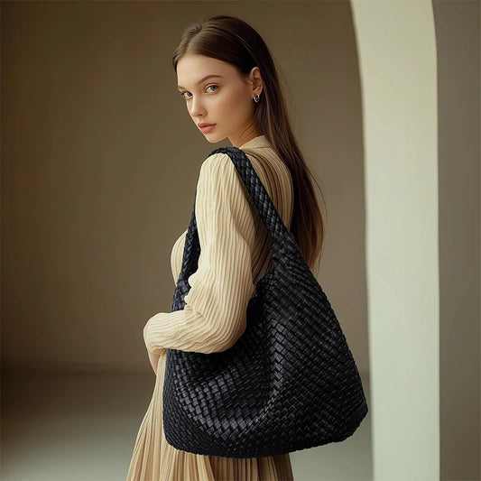 The Woven Tote Bag - Handcrafted Faux Leather Carryall with Matching Pouch - Tessbury - situation