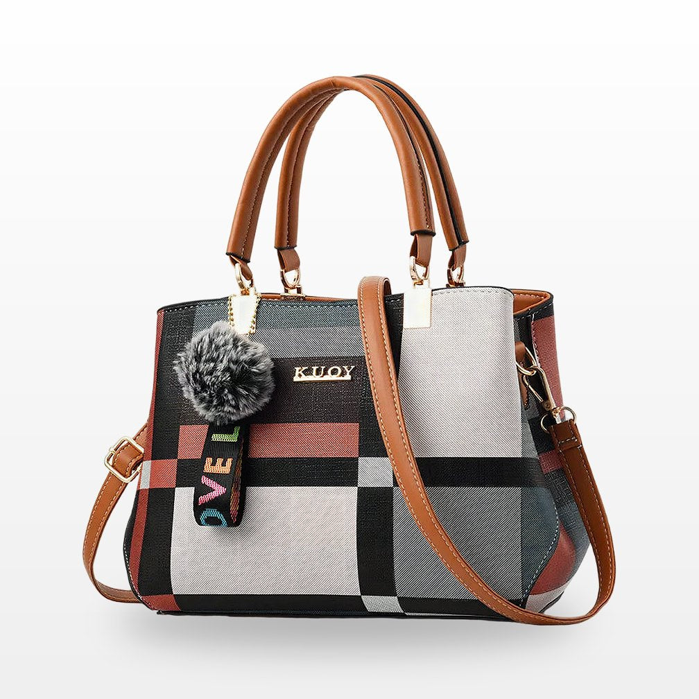 Plaid Tote Bag with Fur Charm, Women's Everyday Leather Tote - Tessbury - photo