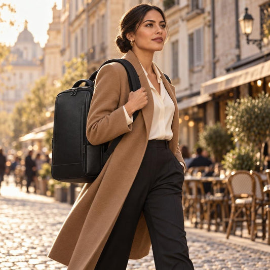 The Atlas Backpack - Genuine Leather Carryall for Work and Travel - Tessbury - Porté par un mannequin